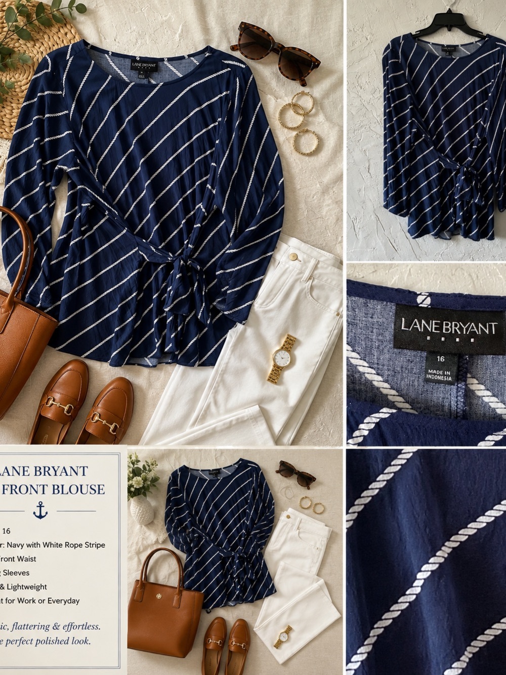 Lane Bryant Navy and White Diagonal Tie-Front Blouse